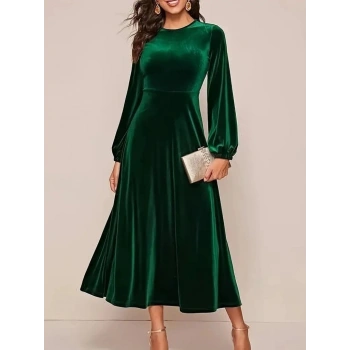 MARSiLYAN- Kadın Uzun Kollu Bisiklet Yaka Midi Kadife Elbise