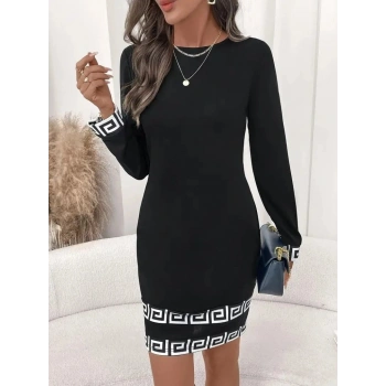 MARSiLYAN- Kadın Uzun Kollu Bisiklet Yaka Mini Ithal Krep Elbise