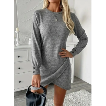 MARSiLYAN- Kadın Uzun Kollu Bisiklet Yaka önden Asimetrik Kesim Detaylı Mini Yumoş Elbise