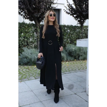 MARSiLYAN- Kadın Uzun Kollu Bisiklet Yaka önden Halka Detaylı Yırtmaçlı Uzun Viskon Iki Iplik Elbise