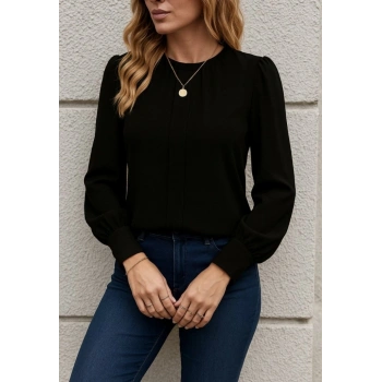 MARSiLYAN- Kadın Uzun Kollu Bisiklet Yaka Pileli Ithal Krep Bluz