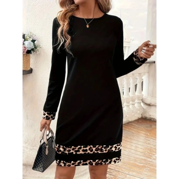 MARSiLYAN- Kadın Uzun Kollu Bisiklet Yaka şerit Leopar Desenli Kısa Dalgıç Elbise