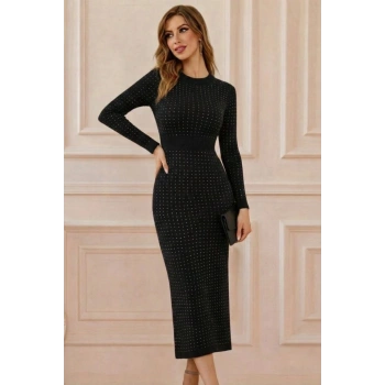 MARSiLYAN- Kadın Uzun Kollu Bisiklet Yaka Taşlı Midi Kadife Elbise