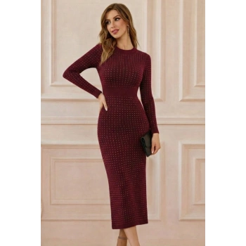 MARSiLYAN- Kadın Uzun Kollu Bisiklet Yaka Taşlı Midi Kadife Elbise