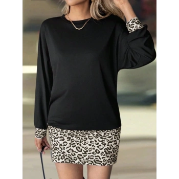 MARSiLYAN- Kadın Uzun Kollu Bisiklet Yaka üst Viskon Iki Iplik Alt Leopar Desenli Mini Elbise