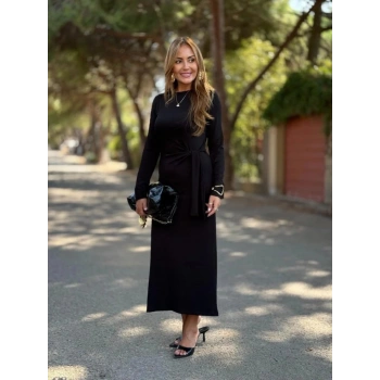 MARSiLYAN- Kadın Uzun Kollu Bisiklet Yaka Yandan Bağlamalı Uzun Modal Elbise