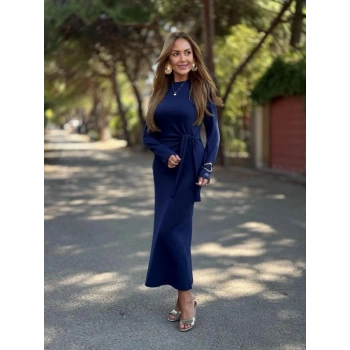 MARSiLYAN- Kadın Uzun Kollu Bisiklet Yaka Yandan Bağlamalı Uzun Modal Elbise