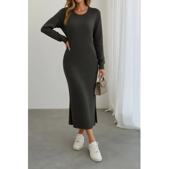 MARSiLYAN- Kadın Uzun Kollu Bisiklet Yaka Yırtmaç Detay Triko Midi Boy Elbise