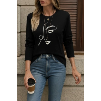 MARSiLYAN- Kadın Uzun Kollu Bisiklet Yaka Yüz Desenli Viskon Bluz
