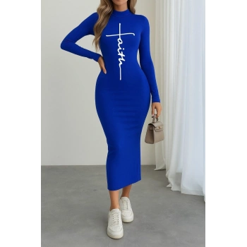 MARSiLYAN- Kadın Uzun Kollu Boğazlı Baskı Detaylı Viskon Tam Boy Elbise