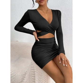 MARSiLYAN- Kadın Uzun Kollu çapraz Dekolte Detaylı Mini Sandy Elbise