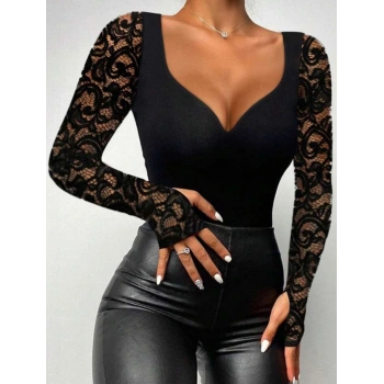 MARSiLYAN- Kadın Uzun Kollu Dantelli Dekolte Detaylı Dalgıç Bluz