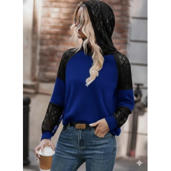 MARSiLYAN- Kadın Uzun Kollu Dantelli Kapşonlu Viskon Iki Iplik Bluz