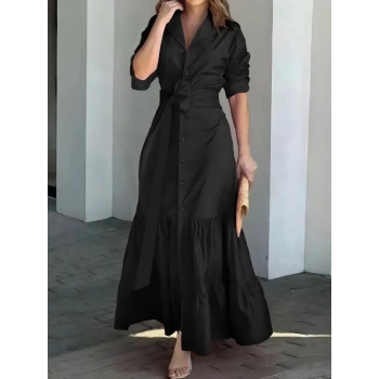 MARSiLYAN- Kadın Uzun Kollu Eteği Fırfırlı Beli Kuşaklı Trikoton Tam Boy Gömlek Elbise