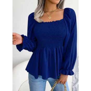 MARSiLYAN- Kadın Uzun Kollu Geometrik Yakalı Gipe Detaylı Krep Bluz