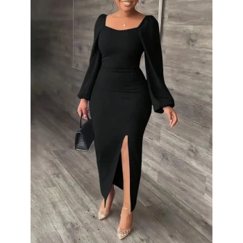 MARSiLYAN- Kadın Uzun Kollu Geometrik Yakalı Yandan Yırtmaçlı Uzun Janjan Krep Elbise