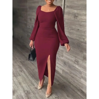 MARSiLYAN- Kadın Uzun Kollu Geometrik Yakalı Yandan Yırtmaçlı Uzun Janjan Krep Elbise