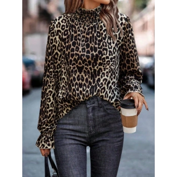 MARSiLYAN- Kadın Uzun Kollu Gipe Detaylı Balıkçı Yaka Leopar Desenli Süprem Bluz