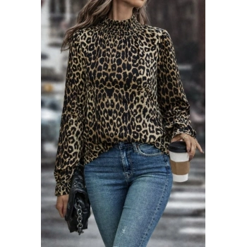 MARSiLYAN- Kadın Uzun Kollu Gipe Detaylı Balıkçı Yaka Leopar Desenli Süprem Bluz