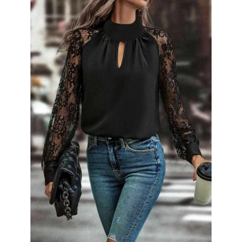 MARSiLYAN- Kadın Uzun Kollu Göğüs Pencere Detay Yaka Boğazlı Kolları Tüllü Sandy Bluz