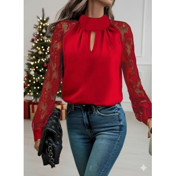 MARSiLYAN- Kadın Uzun Kollu Göğüs Pencere Detay Yaka Boğazlı Kolları Tüllü Sandy Bluz