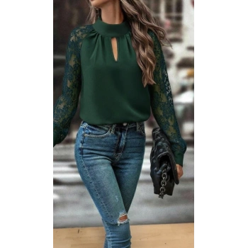 MARSiLYAN- Kadın Uzun Kollu Göğüs Pencere Detay Yaka Boğazlı Kolları Tüllü Sandy Bluz