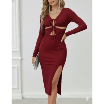 MARSiLYAN- Kadın Uzun Kollu Göğüs Ve Göbek Dekolte Detay Sandy Midi Boy Elbise