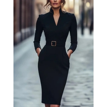 MARSiLYAN- Kadın Uzun Kollu Hakim Yaka Beli Kemerli Cepli Midi Ithal Krep Elbise