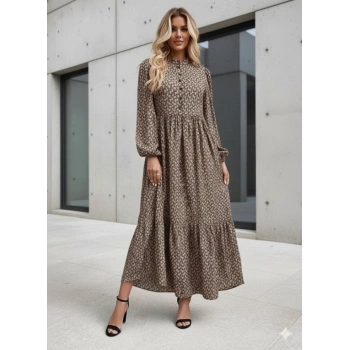 MARSiLYAN- Kadın Uzun Kollu Hakim Yakalı Düğmeli Kemersiz Desenli Maxi Süprem Elbise