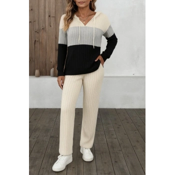MARSiLYAN- Kadın Uzun Kollu Kapşonlu Bağcıklı Blok Renkli şardonlu Kaşkorse Bluz Ve Pantolon Ikili Takım