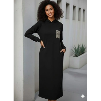 MARSiLYAN- Kadın Uzun Kollu Kapşonlu Cep Detaylı Viskon Iki Iplik Maxi Elbise