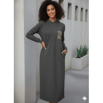 MARSiLYAN- Kadın Uzun Kollu Kapşonlu Cep Detaylı Viskon Iki Iplik Maxi Elbise