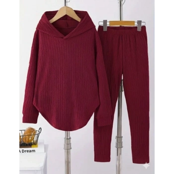 MARSiLYAN- Kadın Uzun Kollu Kapşonlu Meloni Bluz Ve Pantolon Ikili Takım