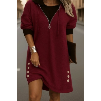 MARSiLYAN- Kadın Uzun Kollu Kapşonlu önden Fermuarlı Düğmeli Mini Iki Iplik Elbise