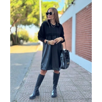 MARSiLYAN- Kadın Uzun Kollu Kapüşon Ve Deri Detay Diz üstü Elbise