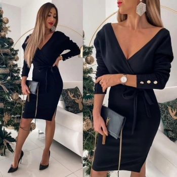 MARSiLYAN- Kadın Uzun Kollu Kruvaze Yaka Bağcık Detay Akrilik Mini Boy Elbise