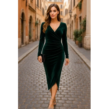 MARSiLYAN- Kadın Uzun Kollu Kruvaze Yaka Belden Büzgü Detay Midi Kadife Elbise