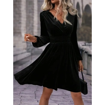 MARSiLYAN- Kadın Uzun Kollu Kruvaze Yaka Beli Lastikli Kiloş Kadife Elbise