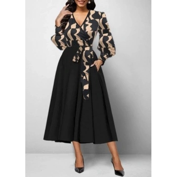 MARSiLYAN- Kadın Uzun Kollu Kruvaze Yaka Dalgıç Krep Midi Boy Elbise