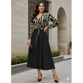 MARSiLYAN- Kadın Uzun Kollu Kruvaze Yaka Dalgıç Krep Midi Boy Elbise