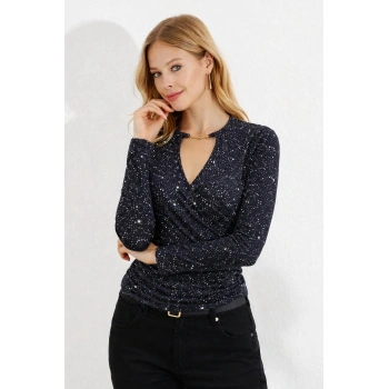 MARSiLYAN- Kadın Uzun Kollu Kruvaze Yakalı Aksesuarlı Dalgıç Bluz