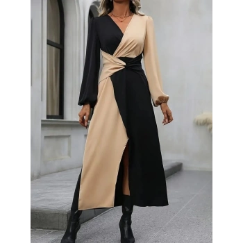MARSiLYAN- Kadın Uzun Kollu Kruvaze Yakalı Belden çapraz Detaylı çift Renkli Midi Ithal Krep Elbise