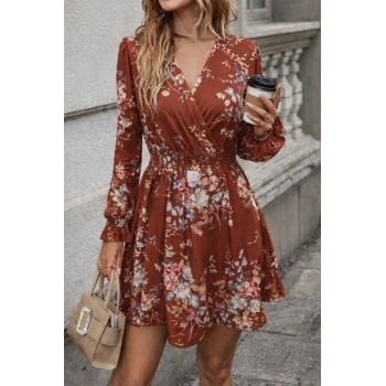 MARSiLYAN- Kadın Uzun Kollu Kruvaze Yakalı çiçek Desenli Mini Süprem Elbise