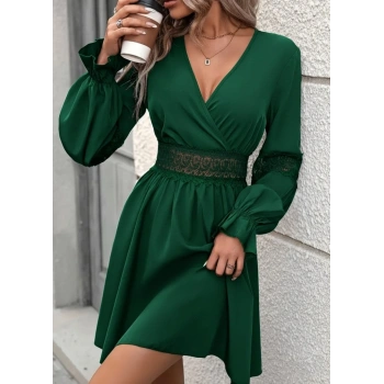 MARSiLYAN- Kadın Uzun Kollu Kruvaze Yakalı Dantelli Fermuar Detaylı Mini Ithal Krep Elbise