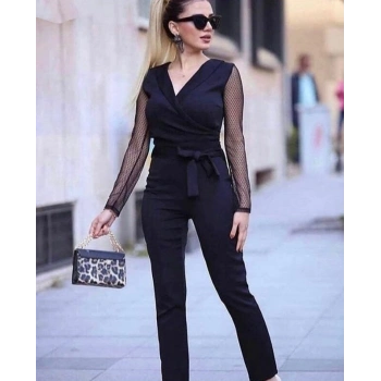 MARSiLYAN- Kadın Uzun Kollu Kruvaze Yakalı Kolları Tül Detay Beli Kuşaklı Ithal Krep Tulum