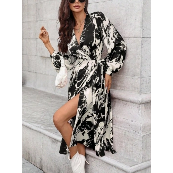 MARSiLYAN- Kadın Uzun Kollu Kruvaze Yakalı Yandan Bağlamalı Desenli Mini Modal Elbise