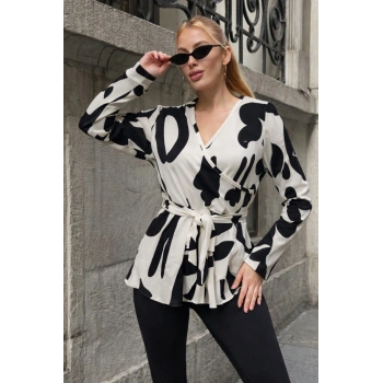 MARSiLYAN- Kadın Uzun Kollu Kruvaze Yakalı Yandan Bağlamalı Kısa Beli Kuşaklı Modal Bluz