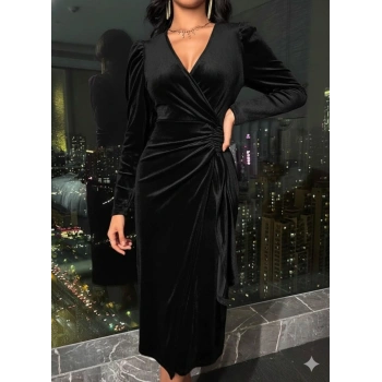 MARSiLYAN- Kadın Uzun Kollu Kruvaze Yakalı Yandan Büzgülü Midi Kadife Elbise