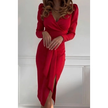 MARSiLYAN- Kadın Uzun Kollu Kruvaze Yakalı Yandan Yırtmaçlı Belden Kuşaklı Midi Ithal Krep Elbise