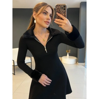 MARSiLYAN- Kadın Uzun Kollu Kürk Yakalı Fermuarlı Kısa Viskon Iki Iplik Elbise